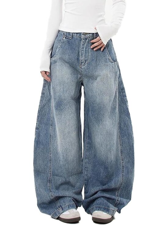 Denim - Women's Light Blue Vintage Oversized Jeans Fashion Grunge Causal Straight Leg